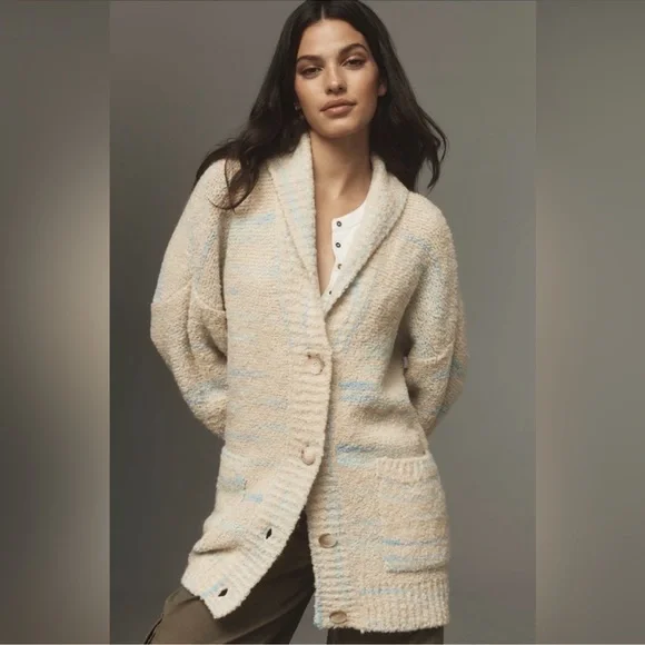 NWT Anthropologie Pilcro Beige and Blue Oversized Cardigan Sweater w/ Pockets - Picture 4 of 11